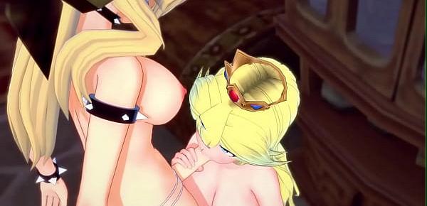  Bowsette fucks Peach against the wall with a strapon. Hentai.